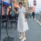 Short-sleeve Double Breasted Pleated Paneled A-line Midi Dress