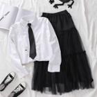 Long-sleeve Embroidered Shirt + Plain Tie / High-waist Layer Pleated Sheer Skirt