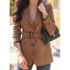 Belted Contrast-lapel Plaid Jacket