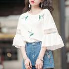 Perforated Bell-sleeve Floral Embroidered Top