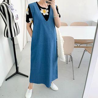 V-neck Denim Long Jumper Dress