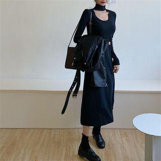 Mock-turtleneck Cut-out Long-sleeve Midi A-line Dress