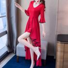 Elbow-sleeve Contrast-trim High-low A-line Dress