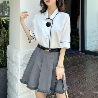 Piped Elbow-sleeve Blouse / Fringe A-line Mini Skirt