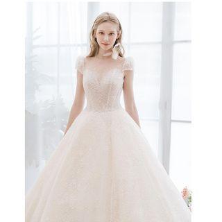 Short-sleeve Bead Embellished A-line Wedding Gown
