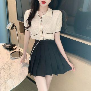 Short-sleeve Knit Top / Pleated Mini A-line Skirt / Set