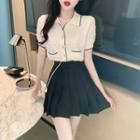 Short-sleeve Knit Top / Pleated Mini A-line Skirt / Set
