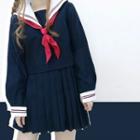 Set: Long-sleeve Top + Pleated Mini Skirt + Triangle Scarf
