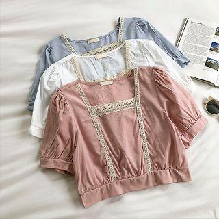 Plain Square-neck Lace-trim Short-sleeve Top