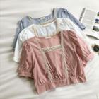 Plain Square-neck Lace-trim Short-sleeve Top