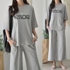 Set: 3/4-sleeve Loose-fit T-shirt + Band-waist Wide-leg Pants