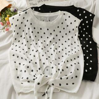 Cutout Twisted-hem Dotted Crop Knit Top