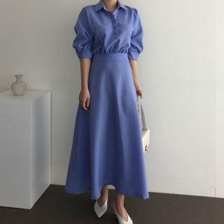 Lapel A-line Puff-sleeve Dress