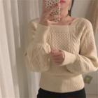 Lantern-sleeve Square Neck Cable Knit Top As Shown In Figure - One Size