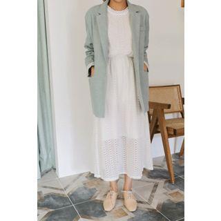 Puff-sleeve Gathered-waist Long Lace Dress