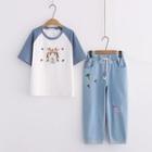 Raglan Sleeve Print Top / Embroidered Jeans / Set