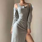Set: Cropped Open-front Light Jacket + Slit A-line Tank Dress