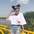 Embroidered V-neck Elbow-sleeve Long T-shirt