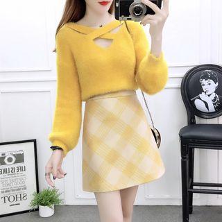Set: Cutout Cross-strap Knit Top + Check Skirt