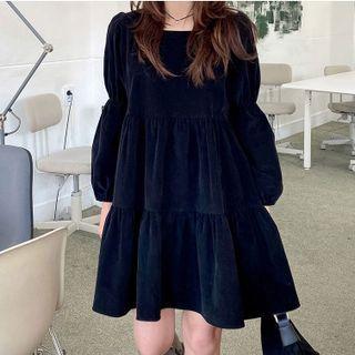Long-sleeve Corduroy A-line Dress Black - One Size