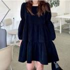 Long-sleeve Corduroy A-line Dress Black - One Size