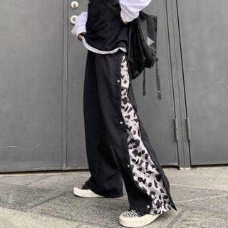 Leopard Panel Plain Straight Cut Pants