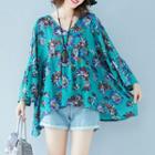 V-neck Flower Print Long-sleeve T-shirt As Shown In Figure - One Size