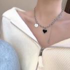 Heart Pendant Layered Alloy Necklace 1pc - Black & Silver - One Size