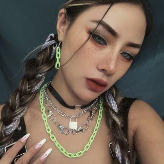 Lock Pendant Acrylic Alloy Chunky Chain Layered Necklace 2688 - Light Green & Silver - One Size