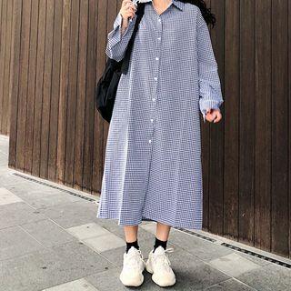 Check Long-sleeve Midi Shirt Dress Black - One Size