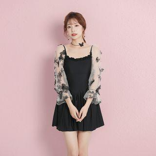 Puff-sleeve Floral Print Swim Dress / Pouch / Set
