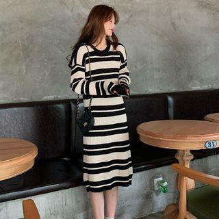 Long-sleeve Striped Knit Midi Dress Black Stripes - Almond - One Size