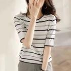 Short-sleeve Striped Knit Top Black Stripe - White - One Size