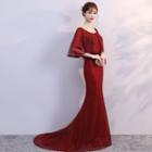 Embellished Elbow-sleeve Trained Evening Gown