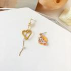 Cat Heart Asymmetrical Alloy Fringed Earring 1 Pair - S925 Silver Needle Earring - White & Gold - One Size
