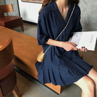 Striped V-neck Short-sleeve Dress Navy Blue - One Size