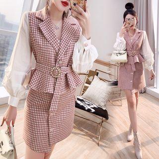 Set: Puff-sleeve Plaid Blazer + A-line Skirt