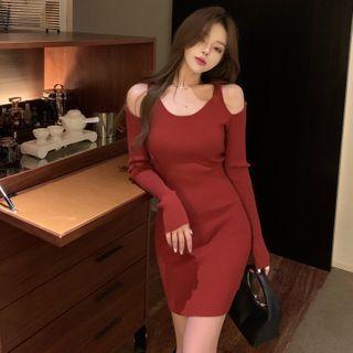Plain Cutout Long-sleeve Slim-fit Knit Dress Red - One Size