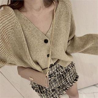 V-neck Rib-knit Cardigan Beige - One Size