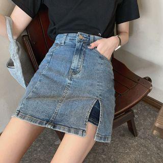 High-waist Slit Denim Mini A-line Skort