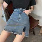 High-waist Slit Denim Mini A-line Skort