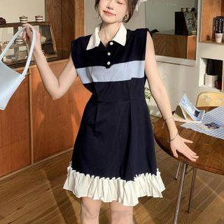 Sleeveless Two-tone Polo Dress Dark Blue - One Size