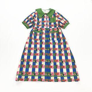 Short Sleeve Cartoon Print Check Dress
