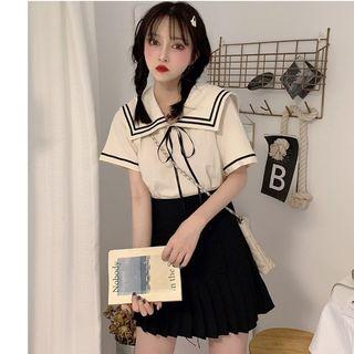 Contrast Trim Sailor Collar Short-sleeve Blouse / Mini A-line Skirt