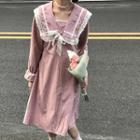 Long-sleeve Lace Trim Collared Loose Fit Dress