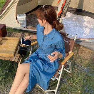 Puff-sleeve Denim Midi Dress