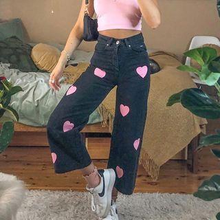 Heart Print Cropped Wide Leg Jeans