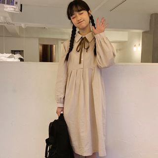 Long-sleeve Placket Midi Shirt Dress