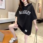 Short-sleeve Sequined Lettering Hooded T-shirt