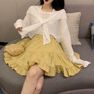 Long-sleeve Paneled T-shirt / Mini A-line Skirt
